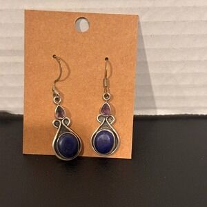 Artisan Made Sterling Silver Signed Lapis & Amethyst Dangle Drop‎ Earrings Boho